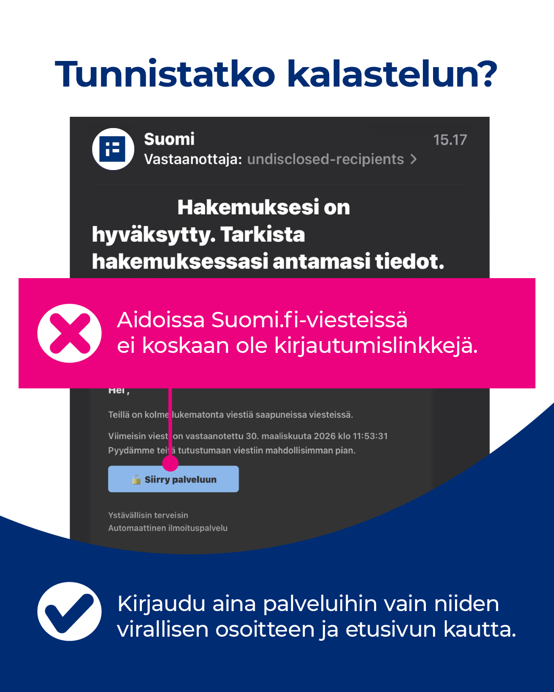 Suomi.fi-palvelun kautta välitetty sähköposti ei koskaan sisällä linkkiä. Kuva: Traficom