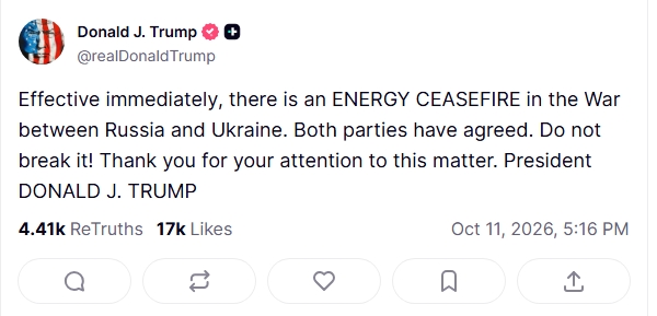 Donald Trumpin mukaan kumpikin osapuoli on ollut samaa mieltä tulitauosta. Kuvakaappaus viestistä 11. lokakuuta 2026.
